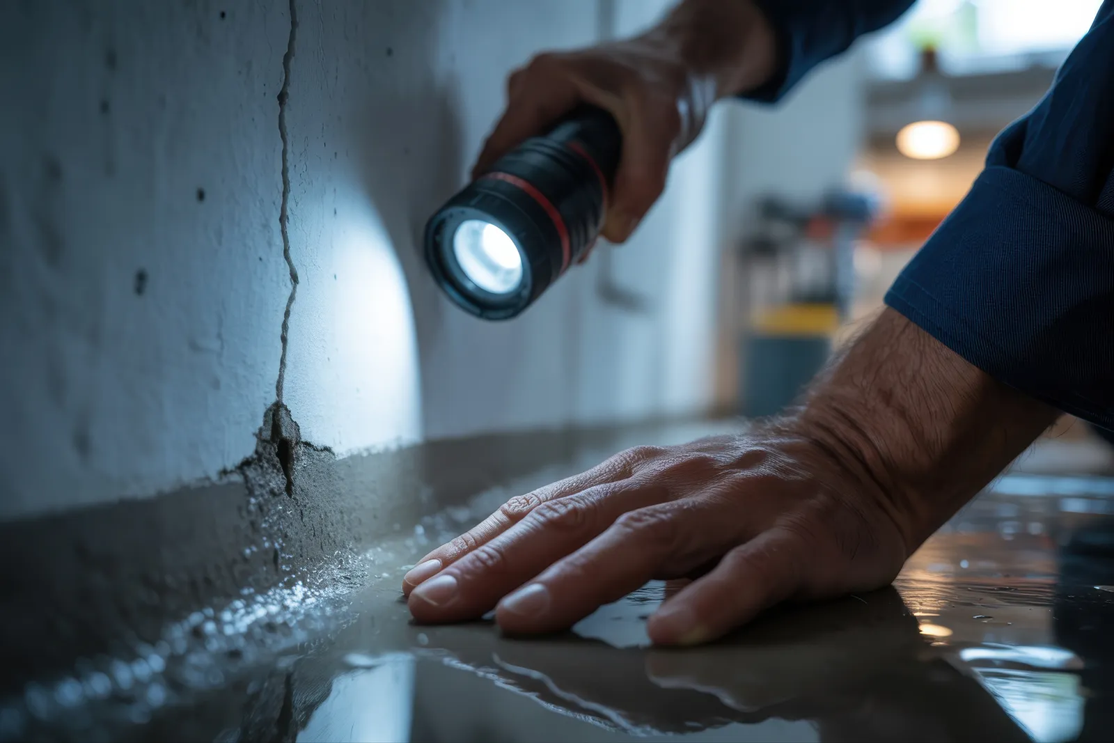 En spricka i källargolvet lyses upp med ficklampa